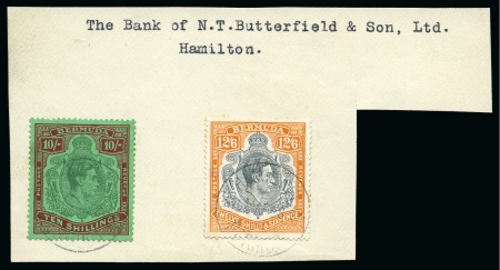 Stamp of Bermuda 1938-53 10s Green & Deep Lake on pale emerald and 12s6d deep grey & Brownish orange tied to large piece by Hamilton cds