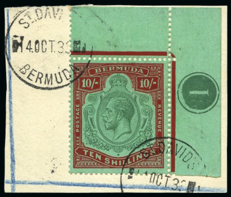 Stamp of Bermuda 1924-32 10s Green & Red on deep emerald top right corner plate marginal single tied to piece, showing variety "break in scroll" 