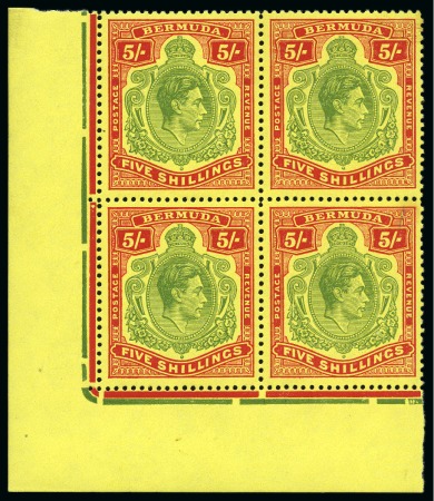 Stamp of Bermuda 1938-53 5s Yellow-Green & Red on pale yellow, perf.13, in mint nh lower left corner marginal block of four