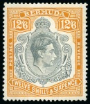Stamp of Bermuda 1938-53 12s6d Grey & Brownish Orange mint lh, showing variety "notch above O of POSTAGE"