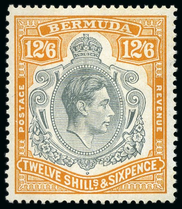 Stamp of Bermuda 1938-53 12s6d Grey & Brownish Orange mint lh, showing variety "notch above O of POSTAGE"