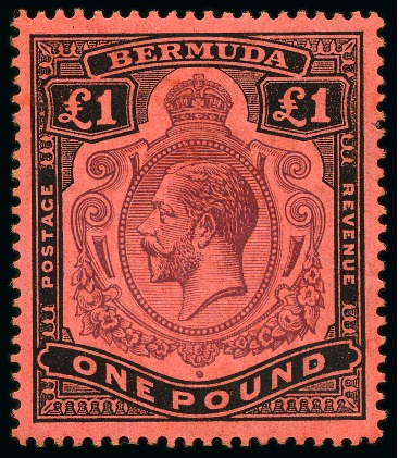 Stamp of Bermuda 1918-22 £1 Purple & Black on red mint showing variety "broken scroll"