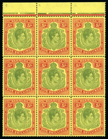 Stamp of Bermuda 1938-53 5s Yellow-Green & Red on pale yellow, perf.13, in mint nh top marginal block of 9
