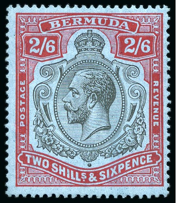Stamp of Bermuda 1924-32 2s6d Black & Carmine on pale blue mint lh with repaired state of the "nick in top right scroll" variety