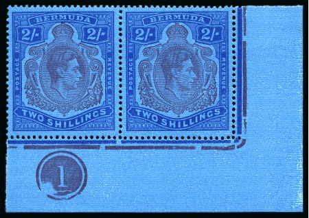 Stamp of Bermuda 1938-53 2s Purple & Blue on deep blue mottled paper in mint nh corner marginal plate pair showing variety "broken lower right scroll" 