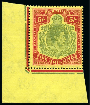 Stamp of Bermuda 1938-53 5s Green & Red on pale yellow mint nh lower left corner marginal single showing variety "missing pearl"