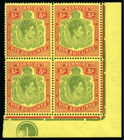 Stamp of Bermuda 1938-53 5s Green & Scarlet on yellow chalk-surfaced paper, perf.13, in mint lower right corner plate marginal block of 4
