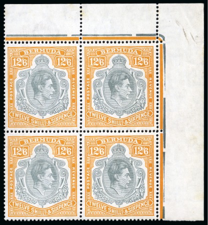 Stamp of Bermuda 1938-53 12s6d Grey & Pale Orange on chalk-surfaced paper in mint nh corner marginal block of four