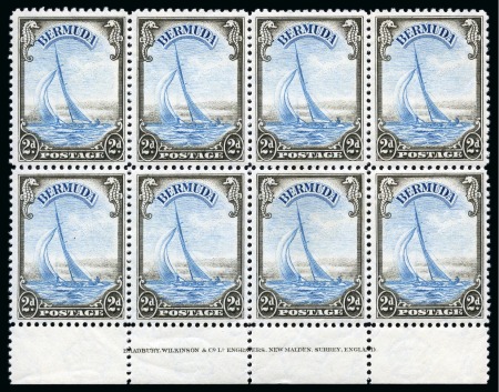 Stamp of Bermuda 1938-52 Pictorials wmk Multi Script CA 2d light blue & sepia mint nh lower marginal imprint block of eight
