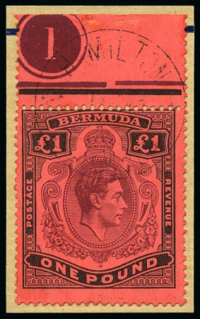 Stamp of Bermuda 1938-53 £1 Purple & Black on red with "ER" joined, used on piece