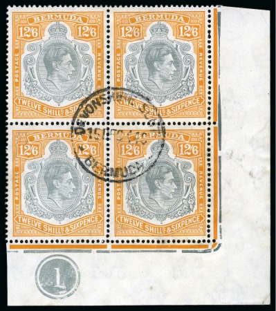 Stamp of Bermuda 1938-53 12s6d Pale Grey & Pale Yellow-Orange perf.14 lower right corner plate block of four with central Devonshire South cds