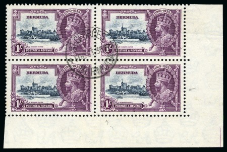 Stamp of Bermuda 1935 Silver Jubilee 1s lower right corner marginal block of four showing variety "kite and horizontal log"