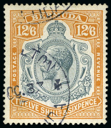 Stamp of Bermuda 1924-32 12s6d Grey & Orange, 8th printing, showing variety "break through scroll", used