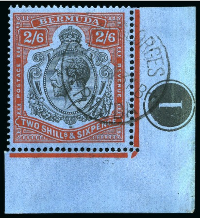 Stamp of Bermuda 1924-32 2s6d Black & Red on deep blue in lower right corner plate number marginal single showing variety "gash in fruit and leaf", used