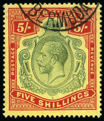 Stamp of Bermuda 1918-22 5s Green & Carmine-Red on pale yellow with variety INVERTED WATERMARK, used
