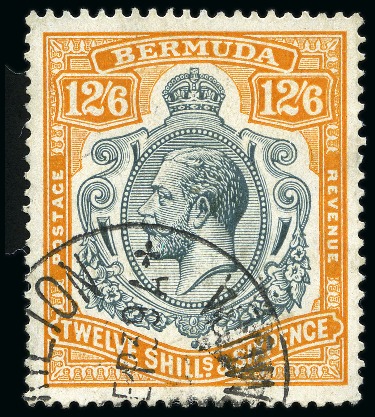 Stamp of Bermuda 1924-32 12s6d Grey & Orange, 5th printing, showing variety "break in scroll", used