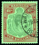 Stamp of Bermuda 1938-53 10s Green & Deep Lake on pale emerald with Warwick cds