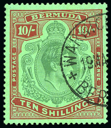 Stamp of Bermuda 1938-53 10s Green & Deep Lake on pale emerald with Warwick cds