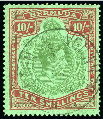 Stamp of Bermuda 1938-53 10s Dull Yellow Green & Carmine on green, line perf. 14 1/4 on chalk-surfaced paper