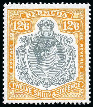 Stamp of Bermuda 1938-53 12s6d Grey & Pale Orange on ordinary paper, mint nh, showing unlisted variety with strong break at top of left scroll