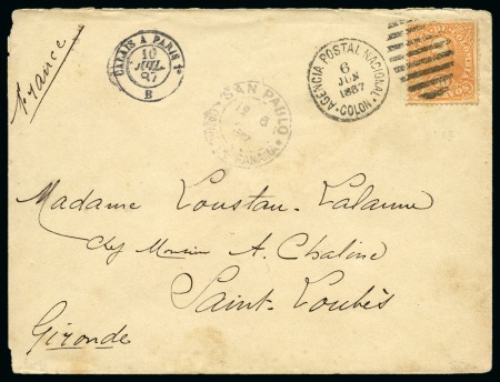 Stamp of Panama » French Canal Company FRENCH CANAL COMPANY, San Pablo. 1887 June 6, cover to St. Louis, France, franked by Colombia 1886 20c tied by Colon duplex ds on dispatch, struck in transit with 'SAN PABLO/CANAL DE PANAMA' cds 
