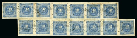 Stamp of Peru » 1858 (March) First Issue 1858 1d blue, a rejoined irregular block of 14 including two partial transfer panes, composed of two horizontal strips of seven,