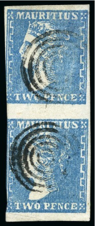 Stamp of Mauritius » 1859 Dardenne Issue (SG 41-44) 1859 Dardenne 2d. blue, pos.23 & 29, vertical pair with target cancels