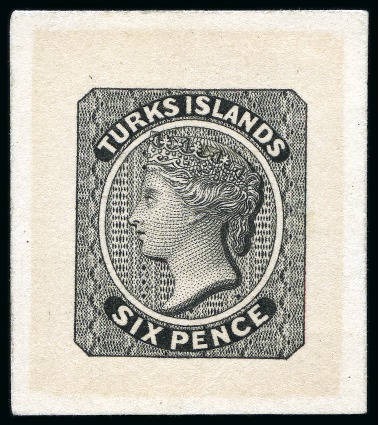 Stamp of Turks and Caicos Islands 1867 6d die proof in black on India paper affixed to card