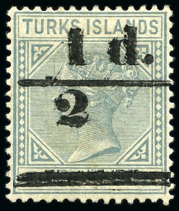 Stamp of Turks and Caicos Islands 1893 1/2d on 4d grey type 33 surcharge setting 1 (separate bars) mint part og