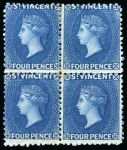 Stamp of St. Vincent 1863-68 4d Deep Blue no wmk perf. 11 to 12 1/2 mint block of 4