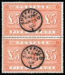 Stamp of Great Britain » 1855-1900 Surface Printed » 1867-83 High Values 1867-83 £5 Orange on white paper in used vertical pair with crisp Sheffield JA 23 00 cds