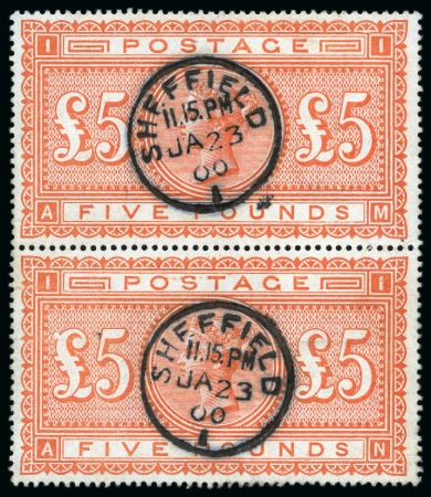 Stamp of Great Britain » 1855-1900 Surface Printed » 1867-83 High Values 1867-83 £5 Orange on white paper in used vertical pair with crisp Sheffield JA 23 00 cds