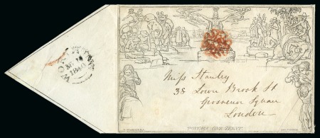 Stamp of Great Britain » 1840 Mulreadys & Caricatures 1840 (May 10) Mulready 1d envelope sent from Worthing to London and cancelled by bold red Maltese Cross cancellation on the first Sunday