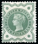 Stamp of Great Britain » 1855-1900 Surface Printed » 1887-1900 Jubilee Issue & 1891 £1 Green 1887-1900 Jubilee 1/2d colour trial in dull blue-green on unwatermarked paper
