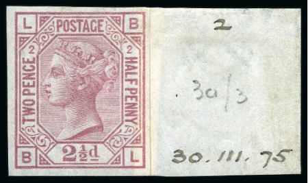 Stamp of Great Britain » 1855-1900 Surface Printed » 1873-80 Large Coloured Corner Letters 1873-80 2 1/2d Rosy mauve pl.2 BL imperforate imprimatur mint og