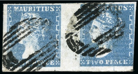Stamp of Mauritius » 1859 Dardenne Issue (SG 41-44) 1859 Dardenne 2d. blue, positions 13-14, used pair with just cut into to very large margins