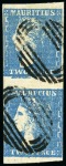 Stamp of Mauritius » 1859 Dardenne Issue (SG 41-44) 1859 Dardenne 2d. pale blue, positions 50/56 with top stamp showing "feather" flaw, used vertical pair