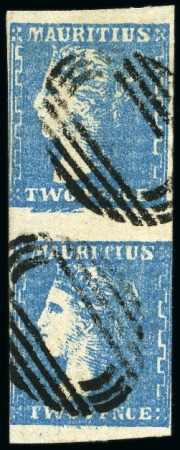 Stamp of Mauritius » 1859 Dardenne Issue (SG 41-44) 1859 Dardenne 2d. pale blue, positions 50/56 with top stamp showing "feather" flaw, used vertical pair