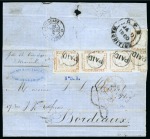 Stamp of Mauritius » 1848-59 Post Paid Issue » Latest Impressions (SG 23-25) 1859 Post Paid 1d. red-brown, vertical strip of four on cover to France