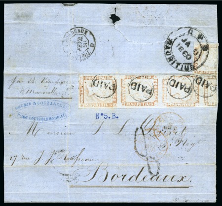 Stamp of Mauritius » 1848-59 Post Paid Issue » Latest Impressions (SG 23-25) 1859 Post Paid 1d. red-brown, vertical strip of four on cover to France