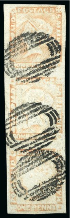Stamp of Mauritius » 1848-59 Post Paid Issue » Latest Impressions (SG 23-25) 1859 Post Paid 1d. red, vertical strip of three, positions 2/5/8, used