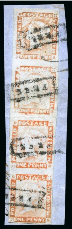 Stamp of Mauritius » 1848-59 Post Paid Issue » Latest Impressions (SG 23-25) 1859 Post Paid 1d. red, vertical strip of four, positions 2/5/8/11, on piece