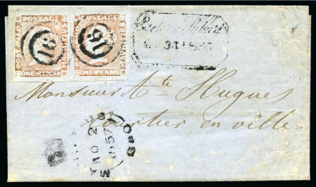 Stamp of Mauritius » 1848-59 Post Paid Issue » Worn Impressions (SG 16-22) 1857-59 Post Paid 1d. red on bluish, two singles, positions 5 & 6, on cover from EASTERN SUBURB to Port Louis