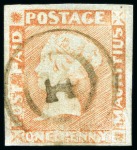 Stamp of Mauritius » 1848-59 Post Paid Issue » Worn Impressions (SG 16-22) 1857-59 1d. red on bluish, position 10, used with "14" numeral