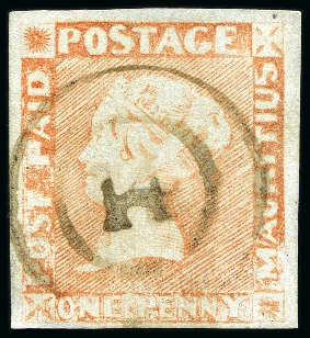 Stamp of Mauritius » 1848-59 Post Paid Issue » Worn Impressions (SG 16-22) 1857-59 1d. red on bluish, position 10, used with "14" numeral