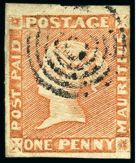 Stamp of Mauritius » 1848-59 Post Paid Issue » Intermediate Impressions (SG 10-15) 1854-57 1d. vermilion, position 6, complete to large margins, used with target hs