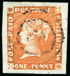Stamp of Mauritius » 1848-59 Post Paid Issue » Early Impressions (SG 6-9) 1853-55 1d. orange-vermilion, position 10, used with numeral '3' hs from Souillac