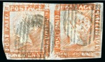 Stamp of Mauritius » 1848-59 Post Paid Issue » Worn Impressions (SG 16-22) 1857-59 red on bluish, DOUBLE PRINT, pair from positions 11-12