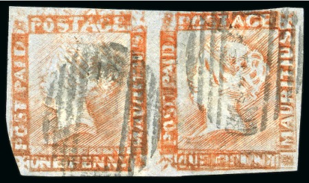 Stamp of Mauritius » 1848-59 Post Paid Issue » Worn Impressions (SG 16-22) 1857-59 red on bluish, DOUBLE PRINT, pair from positions 11-12
