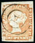Stamp of Mauritius » 1848-59 Post Paid Issue » Worn Impressions (SG 16-22) 1857-59 1d. red on bluish, position 6, used with "14" numeral of Plaine Magnan